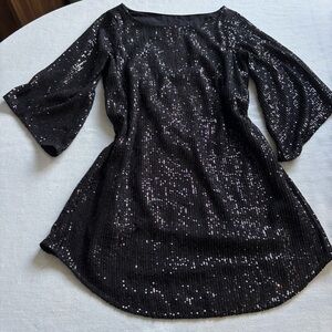 Anthropologie Black Sequin Bell Sleeve Mini Dress SP | Glam